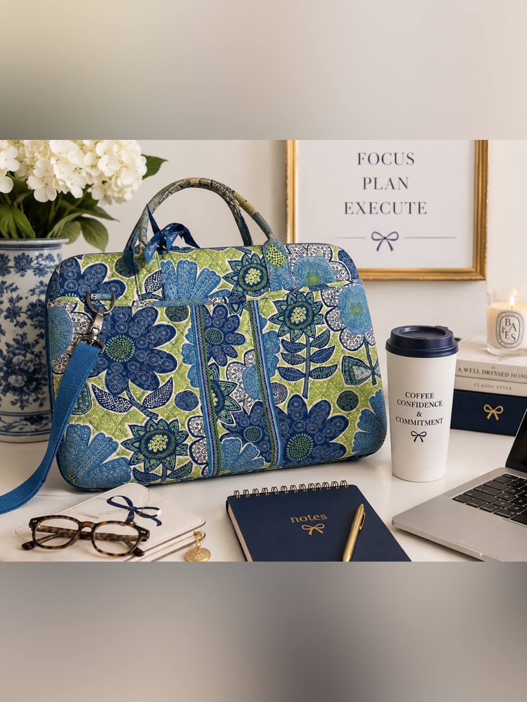 Vera Bradley Quilted Laptop Travel Bag Blue Green Floral Butterfly Print